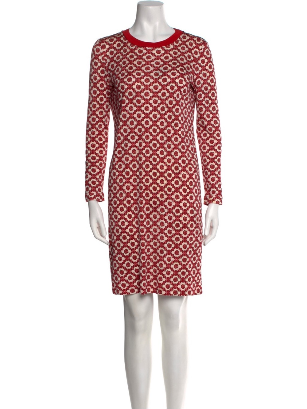 Tory Burch Red and Cream Patterned Long-Sleeve Dress